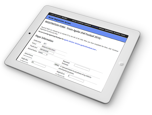 Roster sports league management software on an ipad